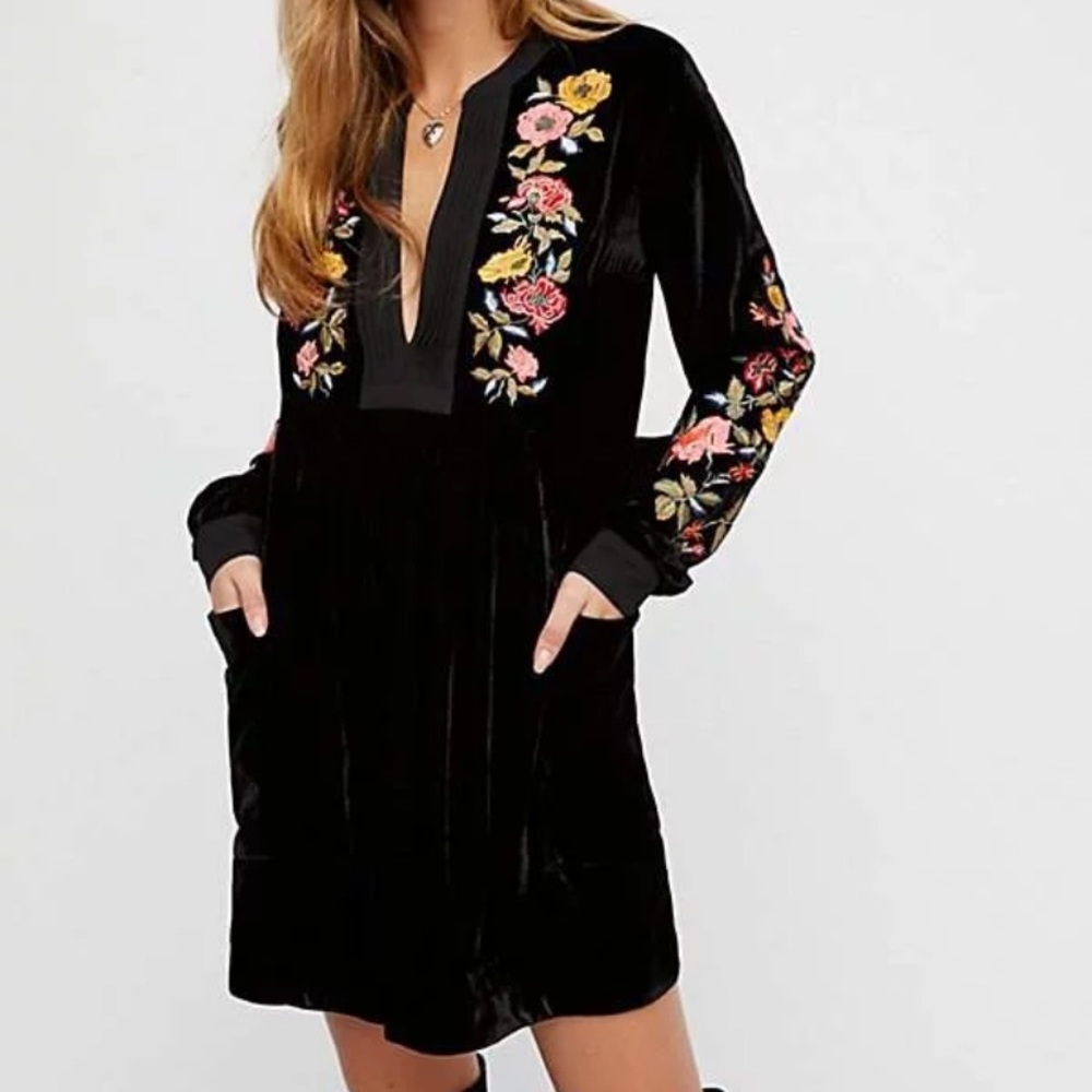 Free People Black Velvet Long Sleeve Embroidered Mini Dress